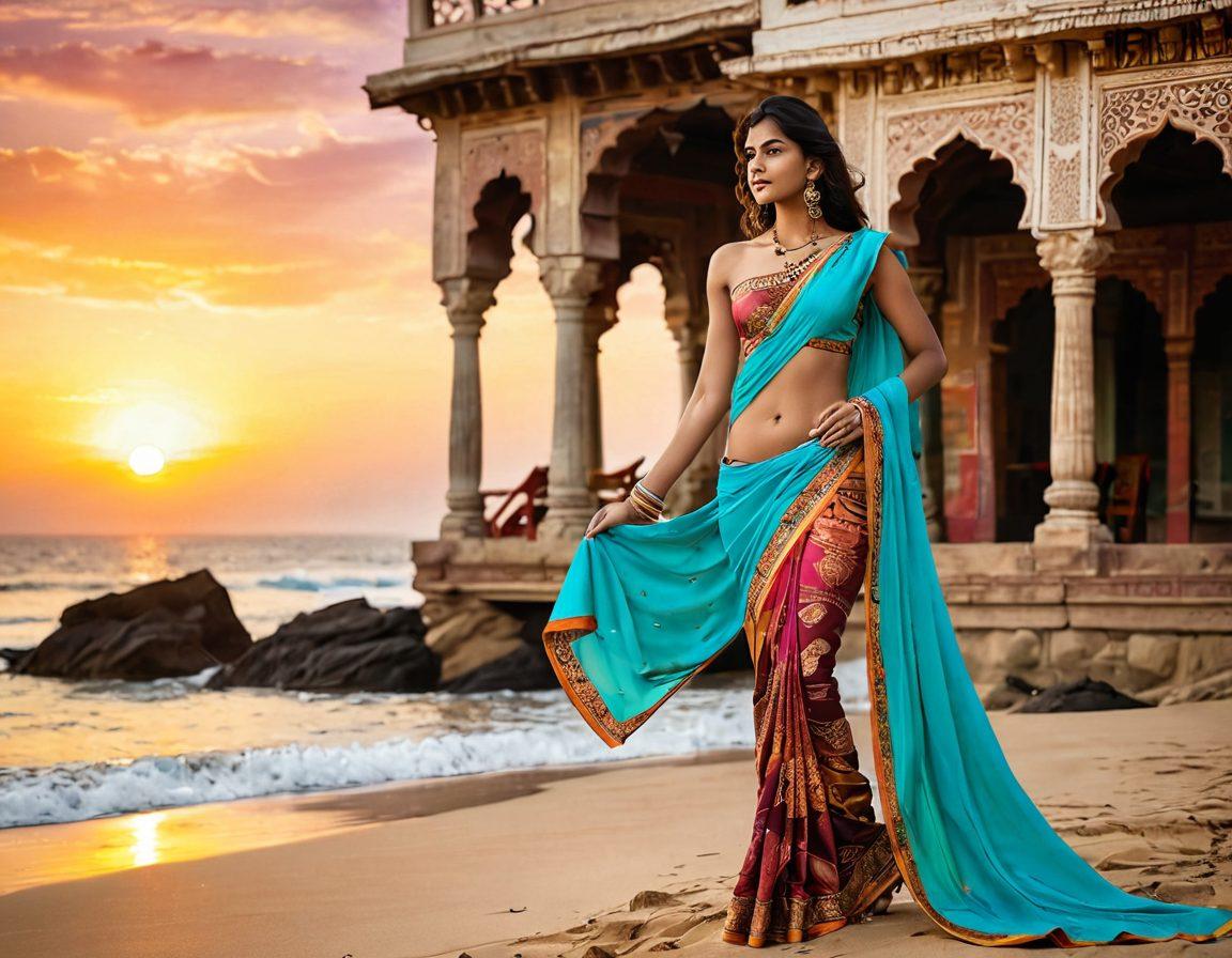 A vibrant fusion of traditional Indian attire and modern bikini styles, showcasing a young woman standing confidently on a beach. Half of her outfit is a colorful saree flowing in the wind, while the other half features a stylish bikini adorned with intricate Indian patterns. The background presents a scenic blend of Indian architecture and a picturesque beach sunset, capturing the contrast between tradition and modernity. super-realistic. vibrant colors. beach setting.
